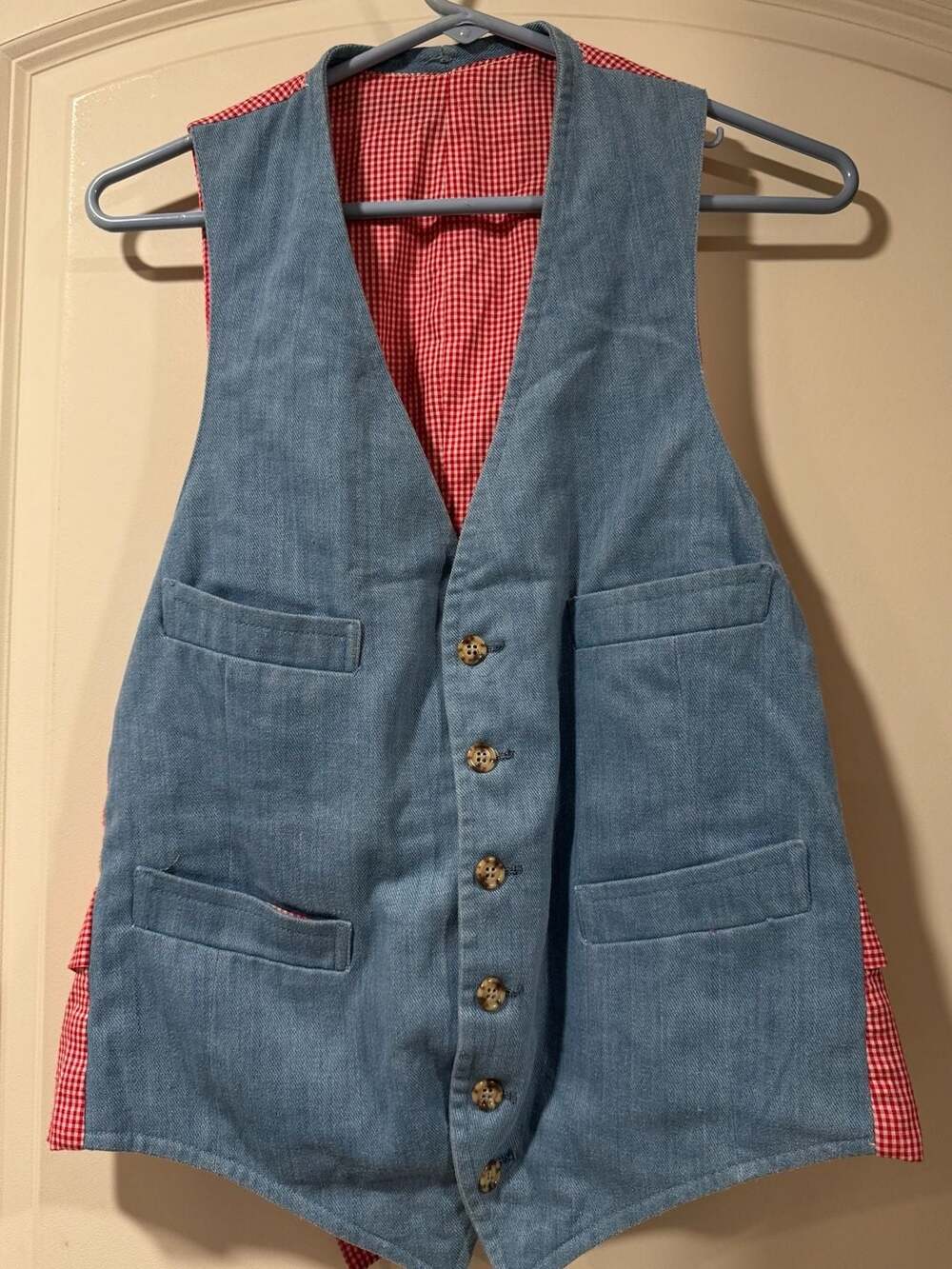 Vintage Denim Vest Red Gingham Trim Western Cottagecore Farmhouse Unisex M